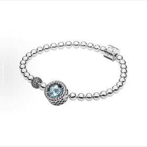 Pandora Silver Beaded Bracelet with Sparkling Blue Crystal Charm